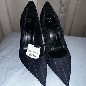 Navy pinstripe heels